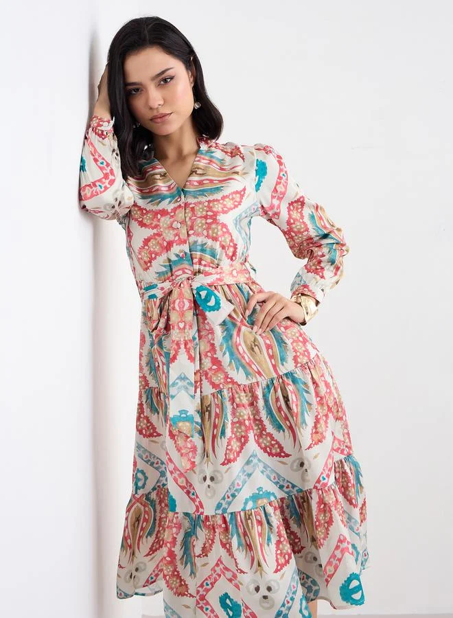 Styli Styli Printed Mandarin Collar Tiered Midi Dress
