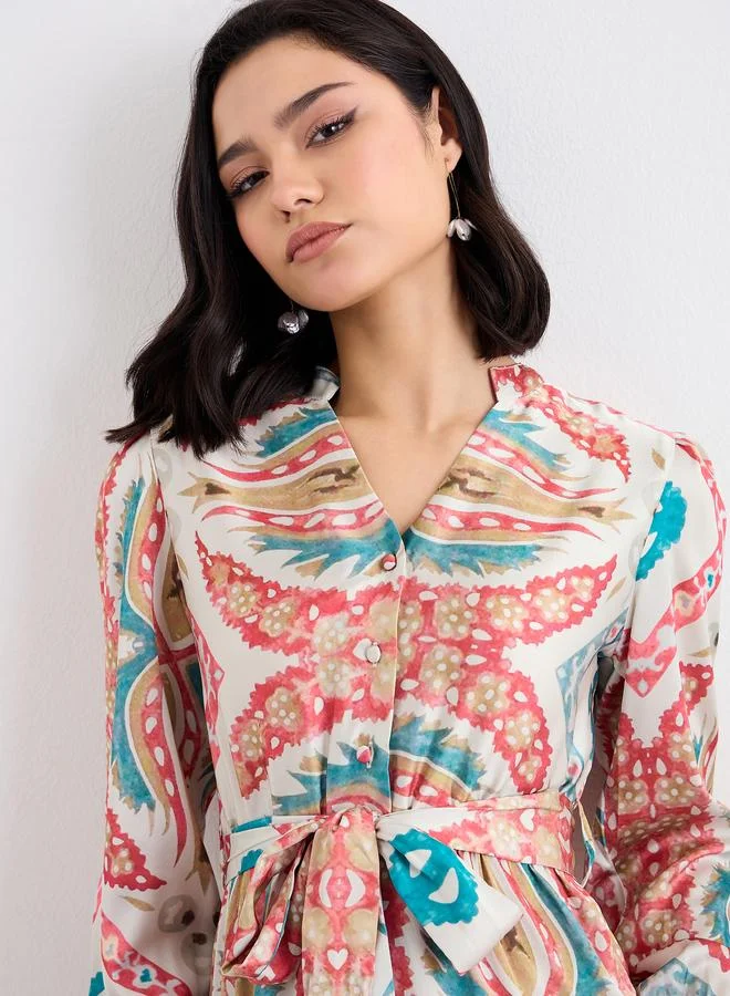 Styli Styli Printed Mandarin Collar Tiered Midi Dress