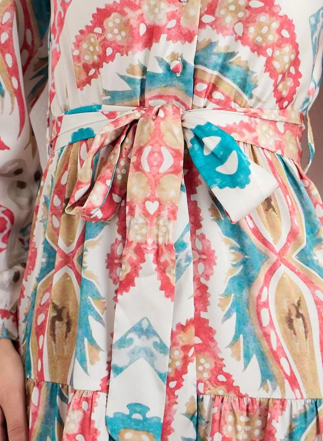Styli Styli Printed Mandarin Collar Tiered Midi Dress