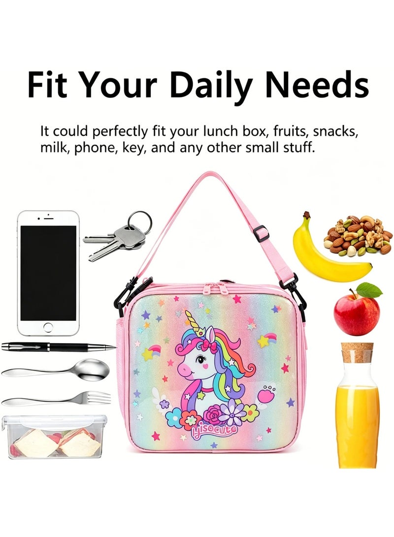 Hisocute Kids Lunch Bag - Insulated Lunch Bag for Girls, Durable Water-Resistant Fabric, Zippered Pockets, Water Bottle Holder, Snack Bag, Pink - Image 1