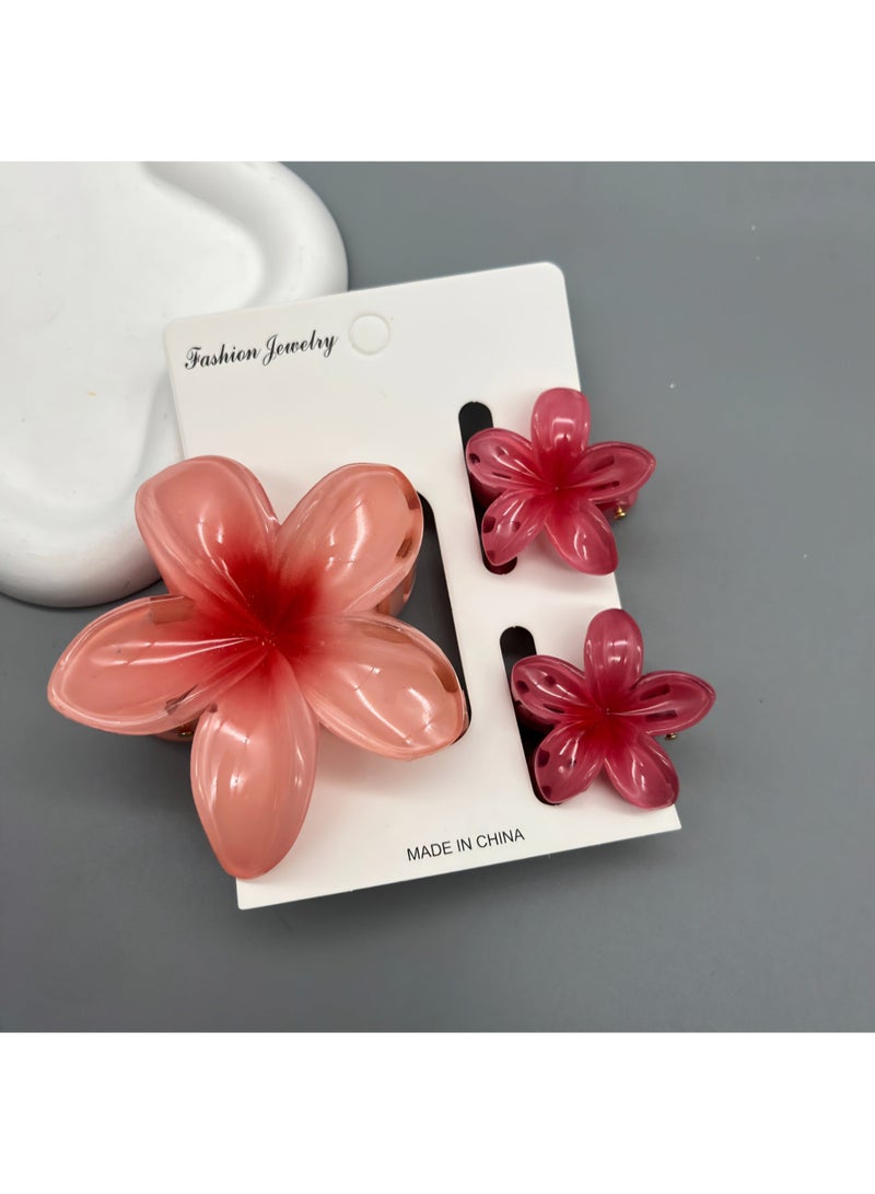 Hawaiian Flower Hair Clip Set – 3 Pieces (1 Large & 2 Small) Acrylic Design with Soft Red Touch - Image 1