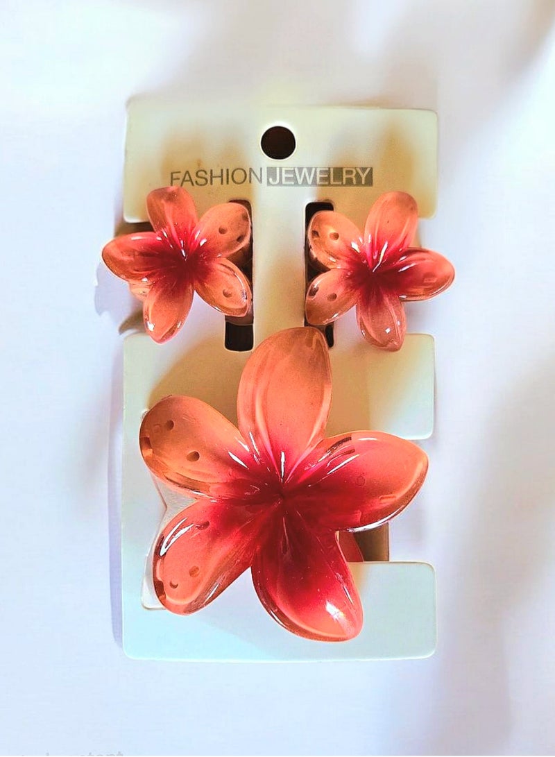 Hawaiian Flower Hair Clip Set – 3 Pieces (1 Large & 2 Small) Acrylic Design with Soft Red Touch - Image 4