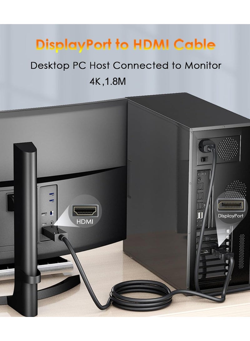كابل DisplayPort إلى HDMI بطول 1.8 متر فائق الدقة 4K، مطلي بالذهب، كابل محول DisplayPort إلى HDMI - يدعم دقة 4K بمعدل 30 هرتز، و2K بمعدل 60 هرتز، و1080*1920 بدقة Full HD، كابل DisplayPort أحادي الاتجاه متوافق مع NVIDIA وAMD وHP وأجهزة التلفزيون والشاشات وأجهزة العرض وأجهزة الكمبيوتر المكتبية وغيرها، كابل ذو لمسة نهائية غير لامعة | متين، كابل HDMI بطول 1.8 متر - Image 4