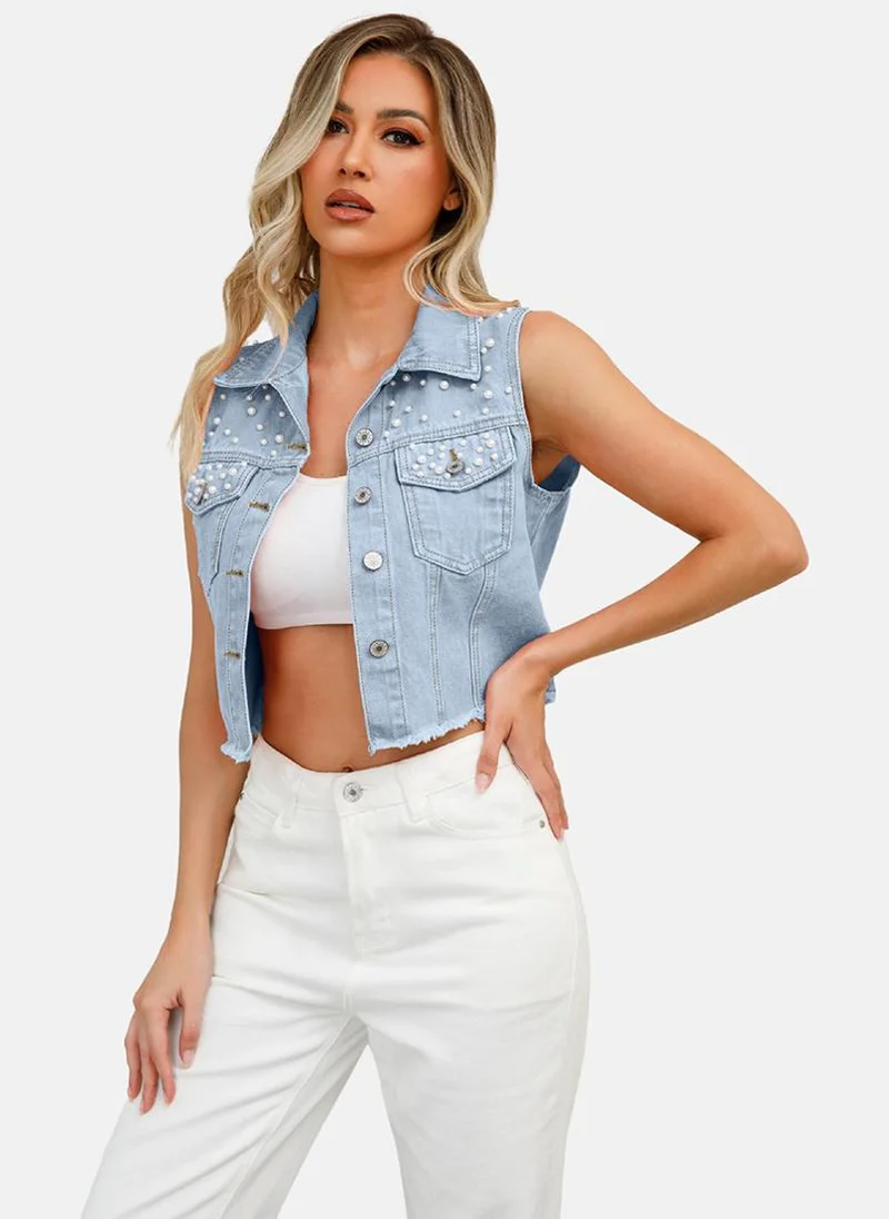 يونيكي Blue Spread Collar Sleeveless Denim Jackets