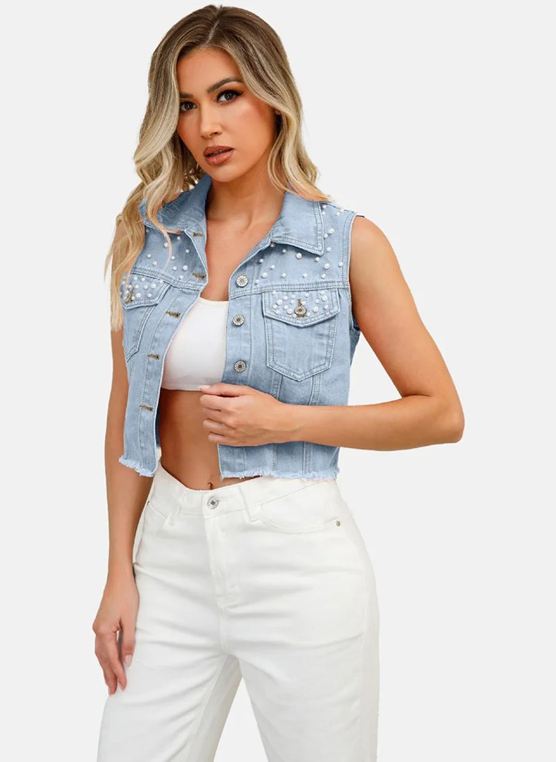 يونيكي Blue Spread Collar Sleeveless Denim Jackets