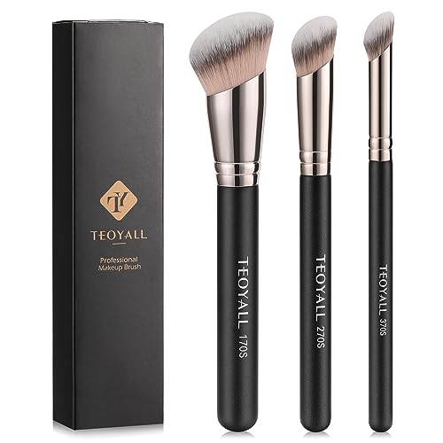 TEOYALL Foundation Contour Conceal Brush Set 3PCS Angled Synthetic Kabuki Brush for Blending Setting Buffing with Liquid Cream and Powder Cosmetic 170S270S370S