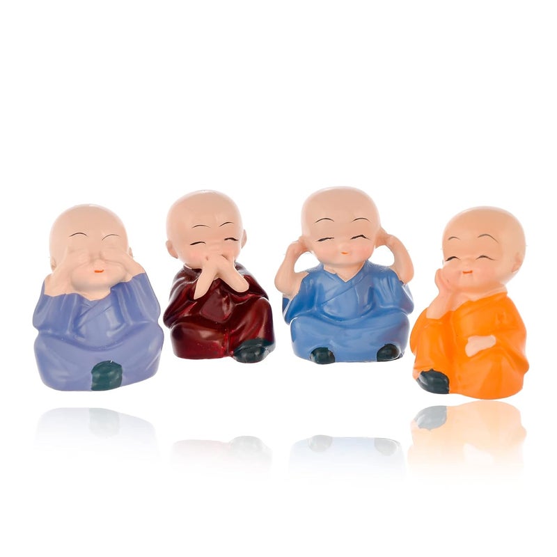 PIEPOT l Monk Statue for Home Decor Living Home Office Table TopStaircase Wall Decoration Item Polyresin Buddha Monk for Show Cases in Chidren Roomcar Dashboard Multicolour Set of 4 - Image 2