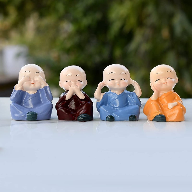PIEPOT l Monk Statue for Home Decor Living Home Office Table TopStaircase Wall Decoration Item Polyresin Buddha Monk for Show Cases in Chidren Roomcar Dashboard Multicolour Set of 4 - Image 1