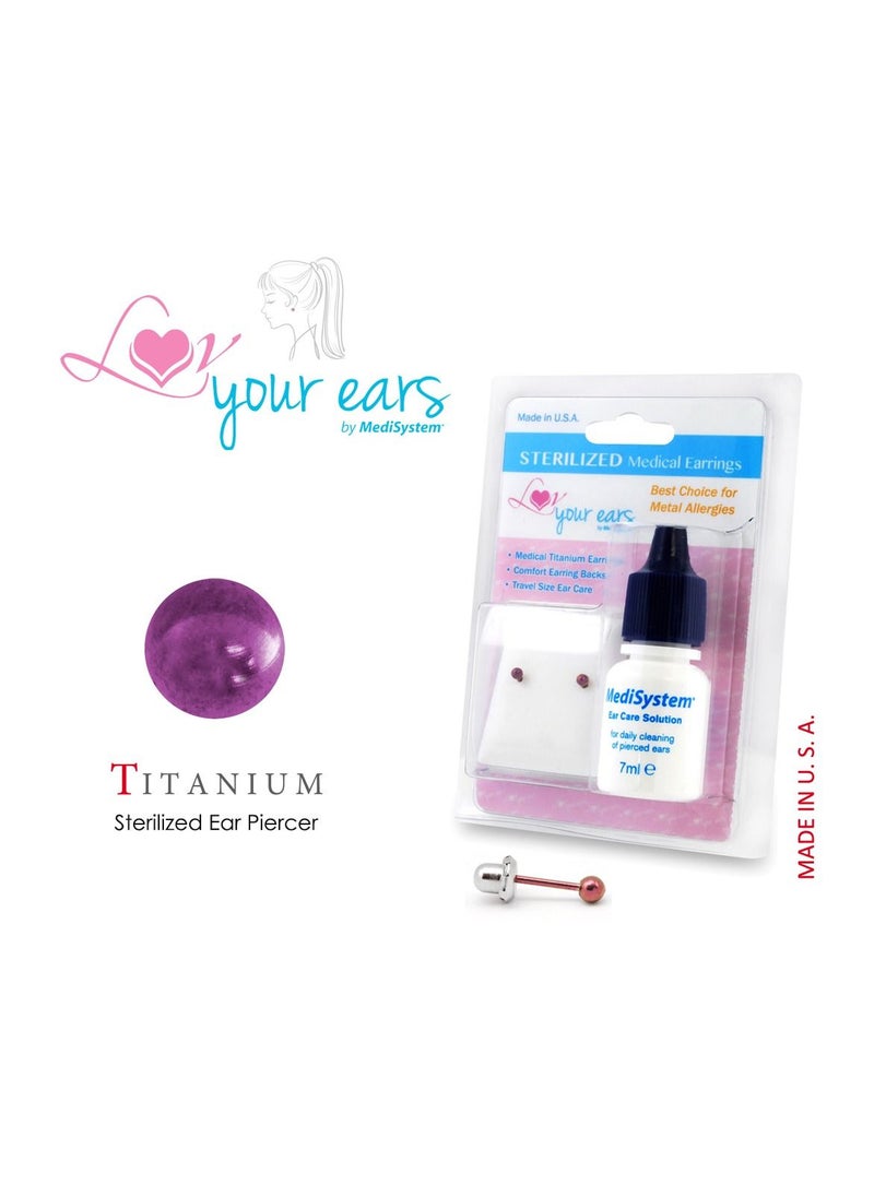 MediSystem Sterilized Medical Earrings Purple Titanium 4mm Ball, Made in USA  - Image 1