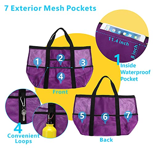 F-color Mesh Beach Bag Family, Large Tote Bag 9 Pockets for Women, Men, Pool Cruise Vacation Essentials, Purple - Image 3