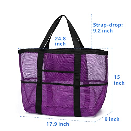 F-color Mesh Beach Bag Family, Large Tote Bag 9 Pockets for Women, Men, Pool Cruise Vacation Essentials, Purple - Image 5
