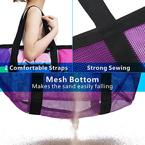 F-color Mesh Beach Bag Family, Large Tote Bag 9 Pockets for Women, Men, Pool Cruise Vacation Essentials, Purple - Image 4