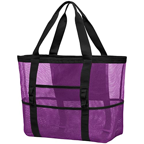 F-color Mesh Beach Bag Family, Large Tote Bag 9 Pockets for Women, Men, Pool Cruise Vacation Essentials, Purple - Image 1