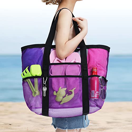 F-color Mesh Beach Bag Family, Large Tote Bag 9 Pockets for Women, Men, Pool Cruise Vacation Essentials, Purple - Image 2