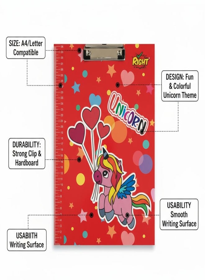 Right Unicorn A4 Kids Clipboard with Built-in Scale - Cute Red Unicorn Design Writing Pad | Strong Clip Board for Exams, Homework & School Projects | Durable Clipboard for Girls (Red) - Image 2