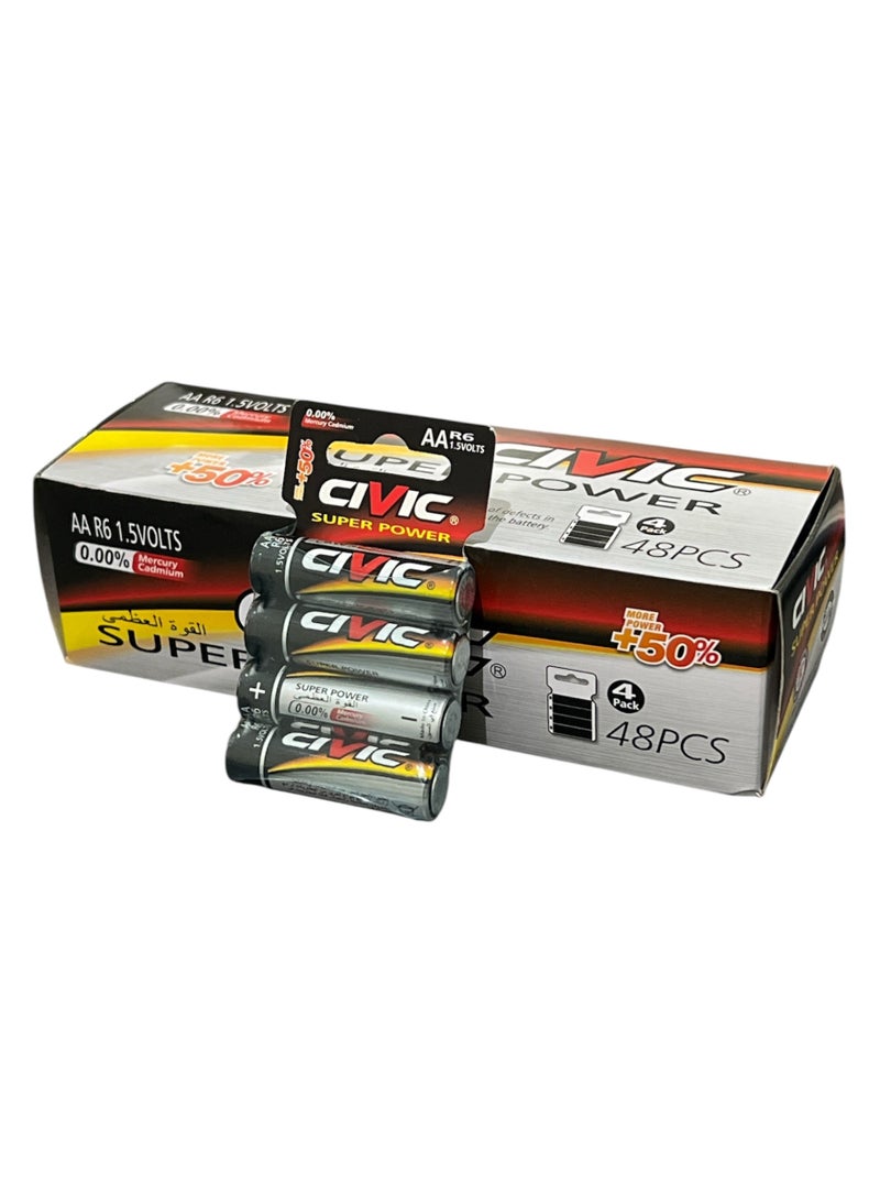 عدد 48 بطارية AA من سيفيك سوبر باور (4×12)، R6، 1.5 فولت، طاقة أكثر بنسبة 50٪، معتمدة ISO 9001:2000، أداء طويل الأمد