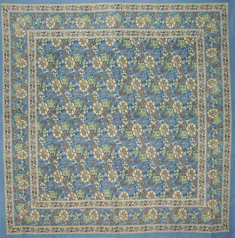India Arts Floral Print Square Cotton Tablecloth 70 x 70 Baby Blue