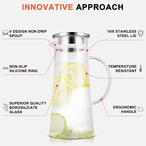 SUSTEAS 1.5 Liter 51oz Glass Pitcher with Lid, Easy Clean Heat Resistant Glass Water Carafe with Handle for Hot/Cold Beverages - Water, Cold Brew, Iced Tea & Juice, With 1 Long-Handled Brush Included - Image 3