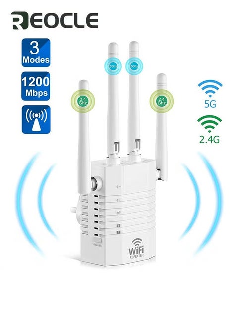 WiFi Repeater WiFi Booster WiFi Extender Booster 1200Mbps Dual Band 2.4GHz & 5GHz WiFi Booster Range Extender with Ethernet Port Support Repeater /AP / Router Mode