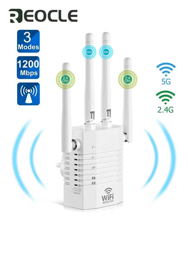 REOCLE WiFi Repeater WiFi Booster WiFi Extender Booster 1200Mbps Dual Band 2.4GHz & 5GHz WiFi Booster Range Extender with Ethernet Port Support Repeater /AP / Router Mode  - Image 1