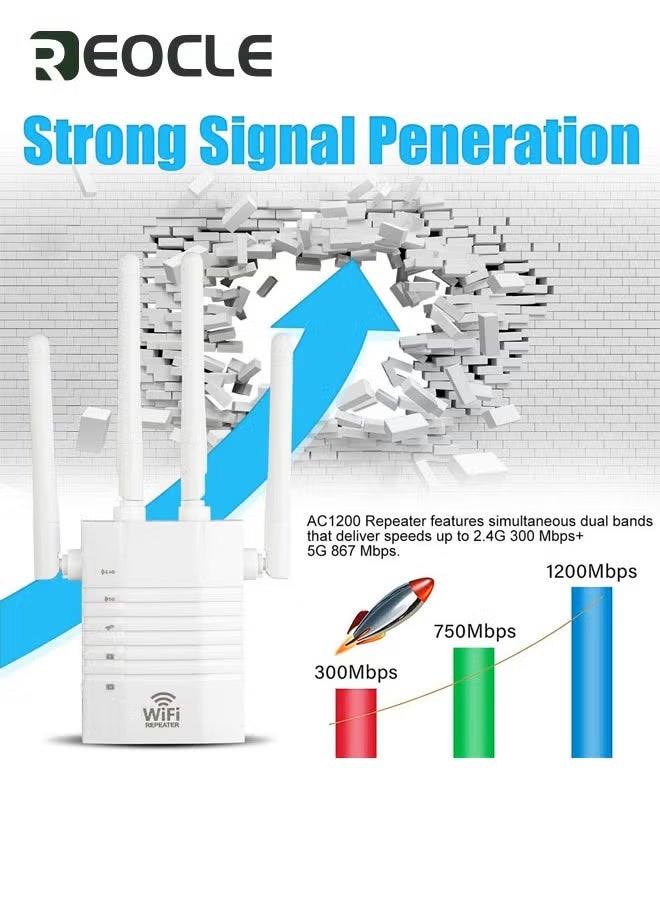 WiFi Repeater WiFi Booster WiFi Extender Booster 1200Mbps Dual Band 2.4GHz & 5GHz WiFi Booster Range Extender with Ethernet Port Support Repeater /AP / Router Mode