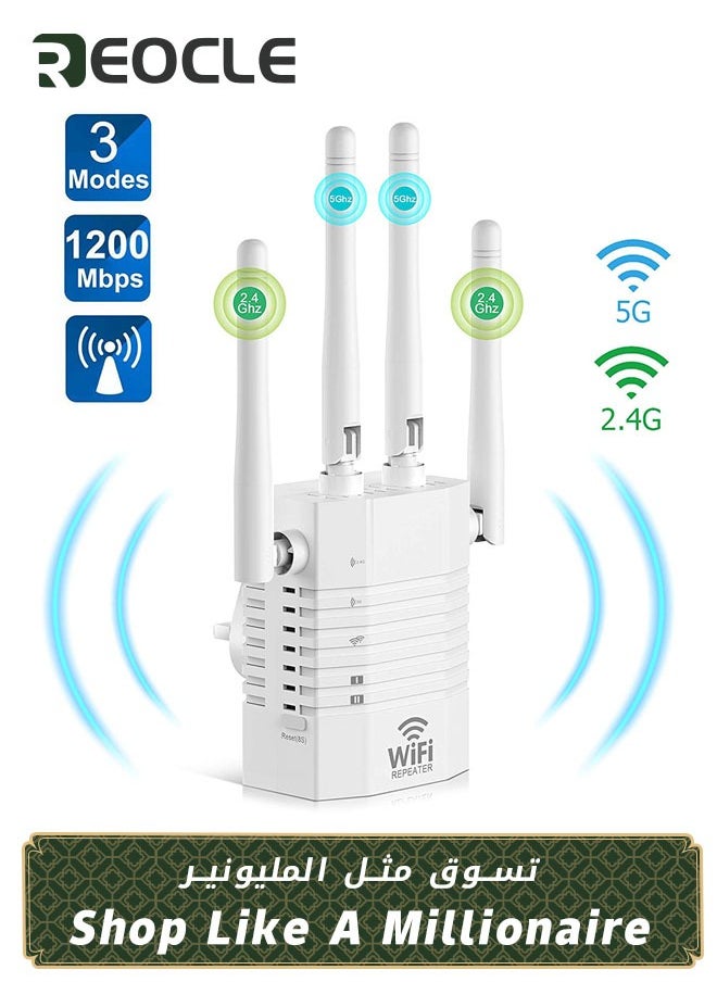ريوكل واي فاي مكرر واي فاي الداعم واي فاي موسع الداعم 1200Mbps ثنائي النطاق 2.4GHz و 5GHz واي فاي الداعم موسع النطاق مع منفذ إيثرنت دعم مكرر / AP / وضع جهاز التوجيه  - Image 1