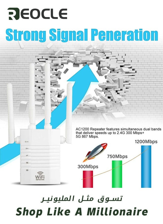 ريوكل - واي فاي مكرر واي فاي الداعم واي فاي موسع الداعم 1200Mbps ثنائي النطاق 2.4GHz و 5GHz واي فاي الداعم موسع النطاق مع منفذ إيثرنت دعم مكرر / AP / وضع جهاز التوجيه - Image 1