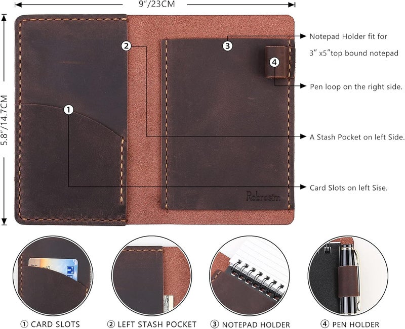 Robrasim Top Bound 3x5 Memo Notebook Covers Genuine Leather Cover for 3x5 TopSpiral Notebook Memo Book Cover Note Pad Holder Cover Only Coffee - Image 2