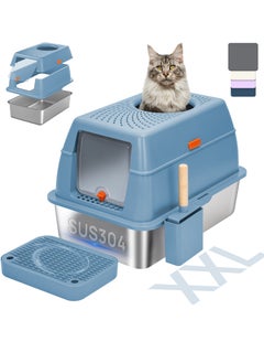Kidle Large Stainless Steel Cat Litter Box Cat Litter Box with Lid Extra Large Litter Box for Big Cats Metal Litter Tray Enclosed Sides Stainless Steel Litter Box  - Image 1