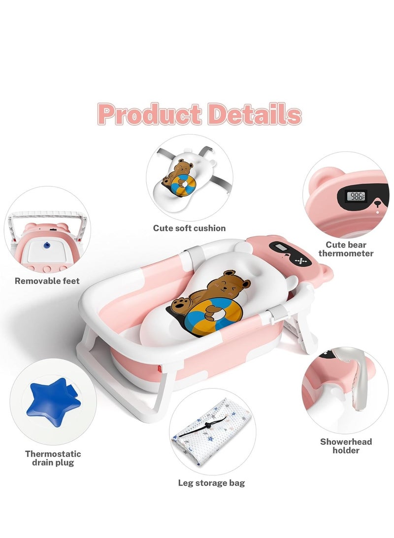 Foldable Baby Bathtub with Temperature Sensing,Collapsible Bath Tub,Portable Safe Shower Basin with Cushion Pad Water Plug Non-Slip Support Leg for Newborn,Toddler,Infant - Image 1