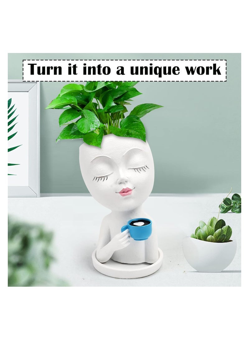 كابتن تيك Face Flower Pots Head Planter, Face Vase Flower Pots Succulents Plants Live, Unique Gifts Planters Plant Pot with Drainage Hole and Tray for Home Garden Cactus (White) - Image 3