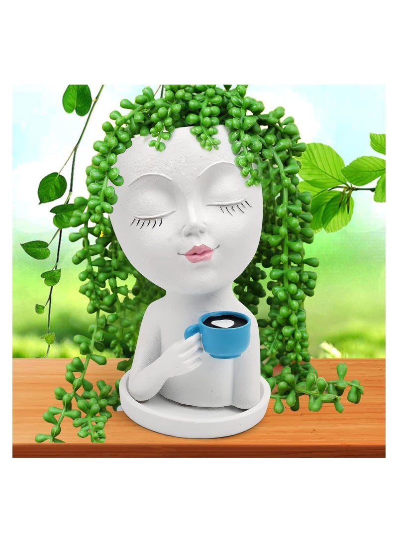 كابتن تيك Face Flower Pots Head Planter, Face Vase Flower Pots Succulents Plants Live, Unique Gifts Planters Plant Pot with Drainage Hole and Tray for Home Garden Cactus (White) - Image 1