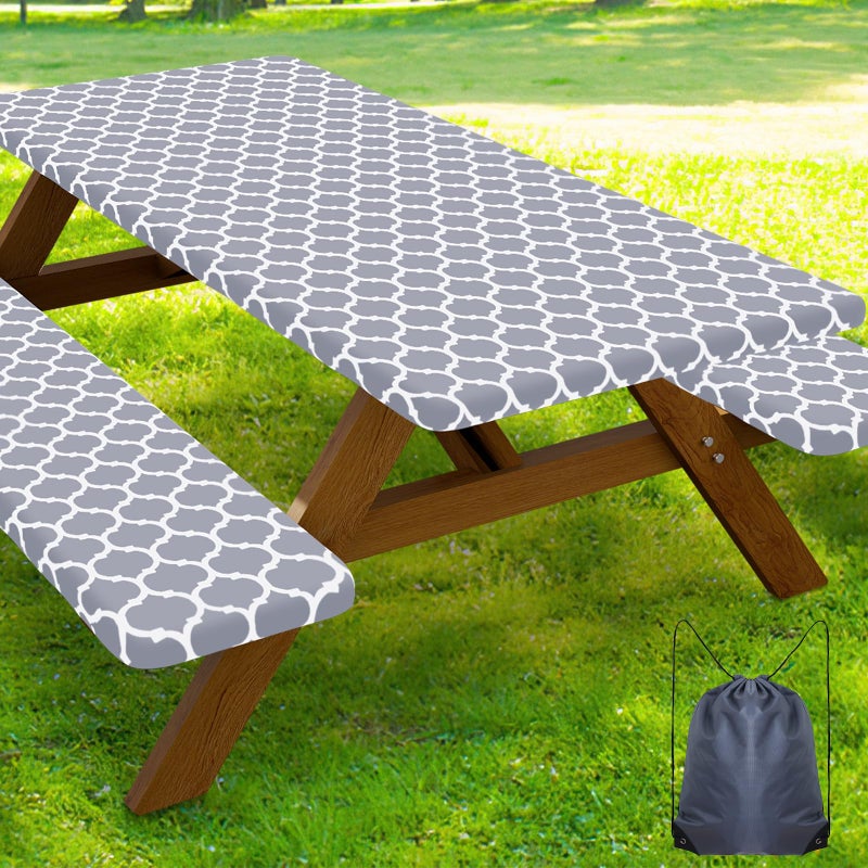 Smiry Picnic Table Cover with Bench Covers, Waterproof Elastic Fitted Tablecloth for 6 Foot Tables, Washable Polyester Tablecloths for Camping, Indoor & Outdoor (Grey, 30x72 Inch 3-pc Set) - Image 1
