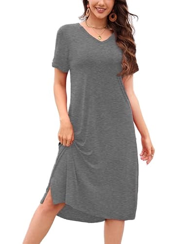 VOBCTY Women's Casual Short Sleeve Tshirt Dress Summer Side Split Loose V Neck Dresses(GY,Large) - Image 1