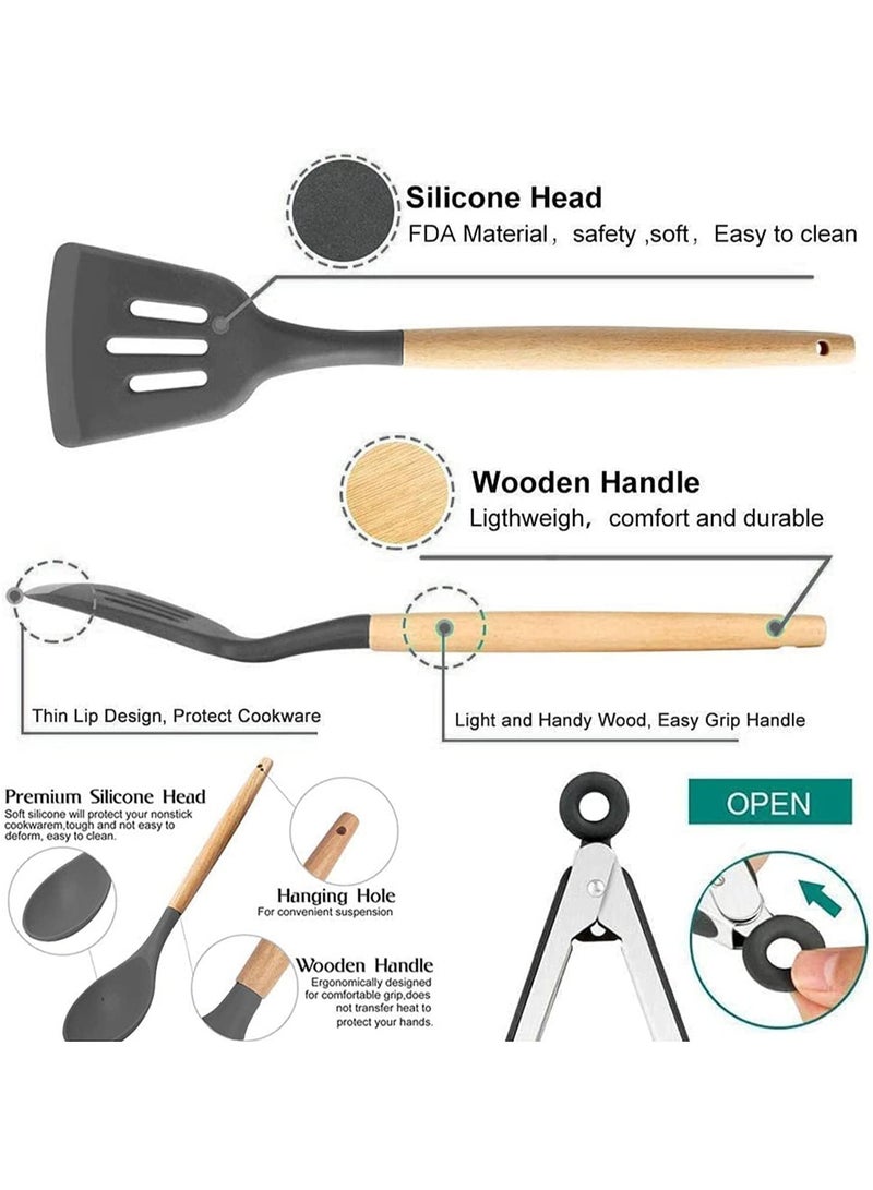 Silicone Cooking Utensils Kitchen Utensil Set - 11 Pieces Natural Wooden Handles Cooking Tools Turner Tongs Spatula Spoon for Nonstick Cookware  - Image 2