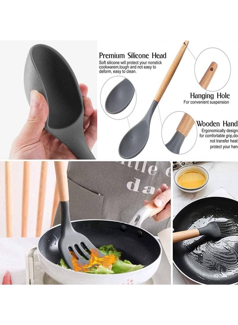Silicone Cooking Utensils Kitchen Utensil Set - 11 Pieces Natural Wooden Handles Cooking Tools Turner Tongs Spatula Spoon for Nonstick Cookware  - Image 3