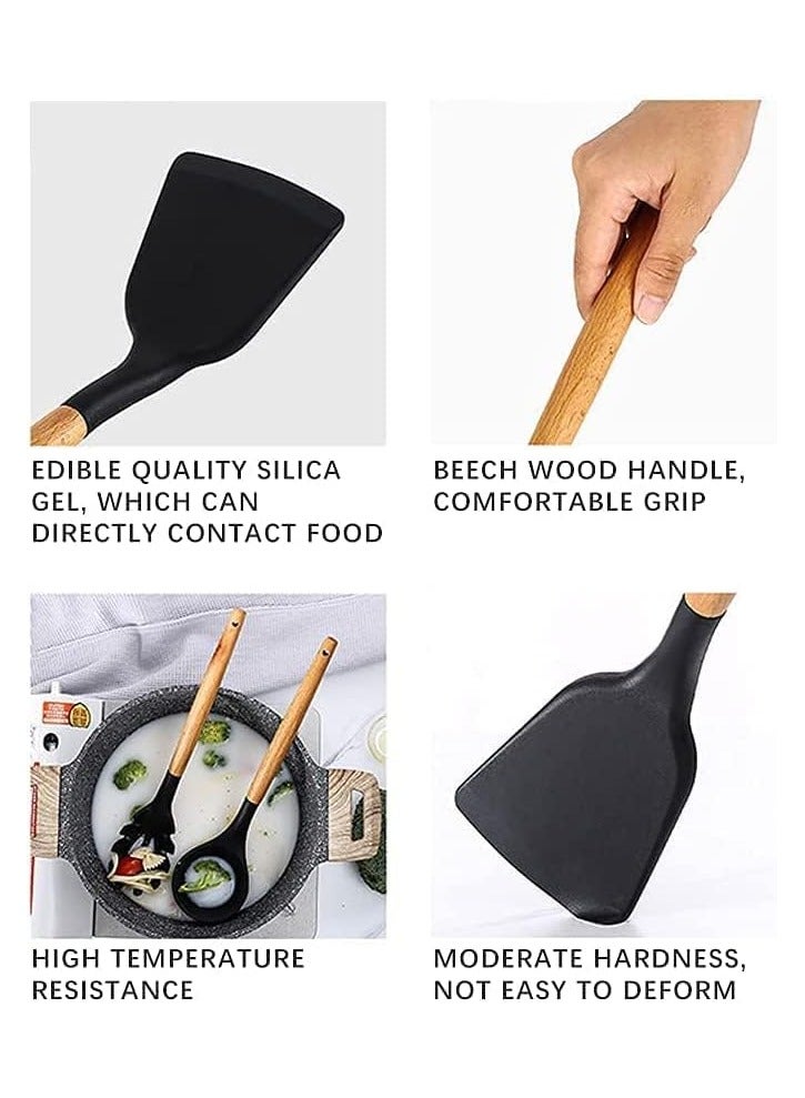 Silicone Cooking Utensils Kitchen Utensil Set - 11 Pieces Natural Wooden Handles Cooking Tools Turner Tongs Spatula Spoon for Nonstick Cookware  - Image 4