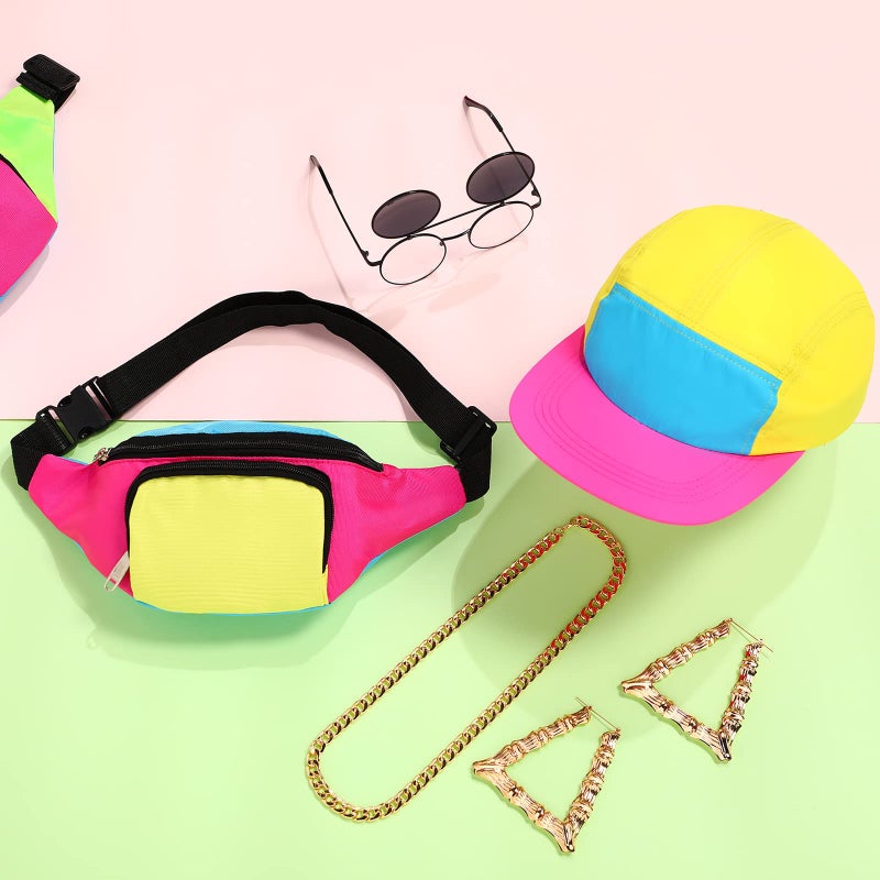 Cindeer 5 Pcs 80s 90s Accessories for Women Men 90s Womens Outfits Hip Hop Neon Fanny Pack Hat Sunglasses Gold Chain Earrings(Bright Color) - Image 4