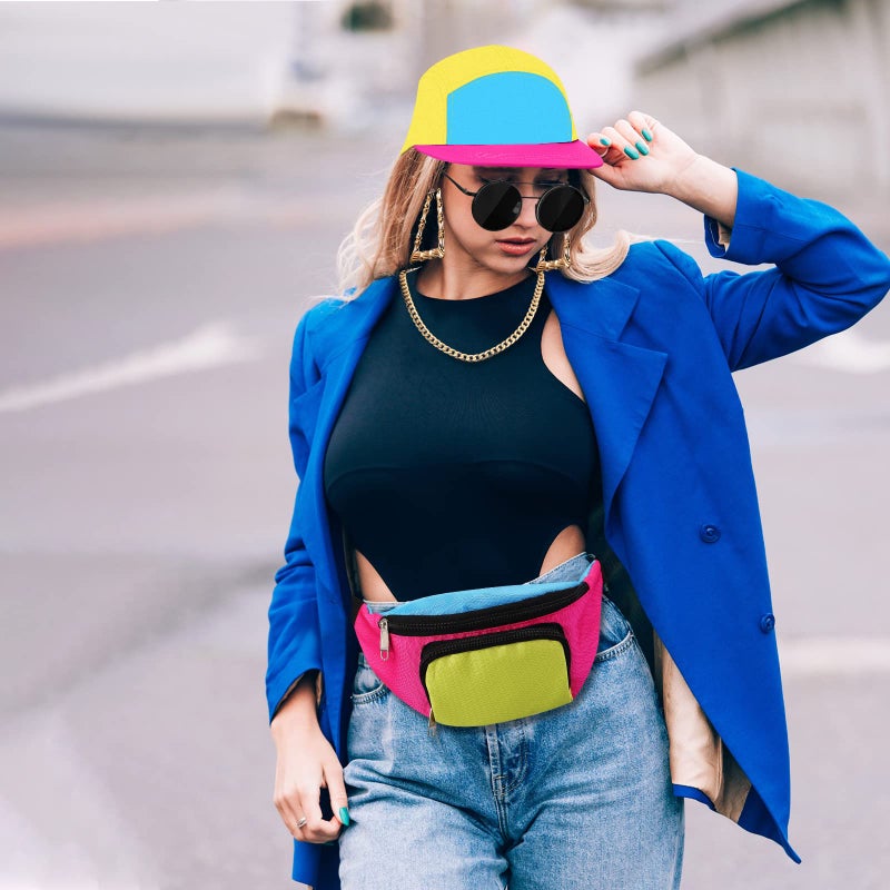 Cindeer 5 Pcs 80s 90s Accessories for Women Men 90s Womens Outfits Hip Hop Neon Fanny Pack Hat Sunglasses Gold Chain Earrings(Bright Color) - Image 5