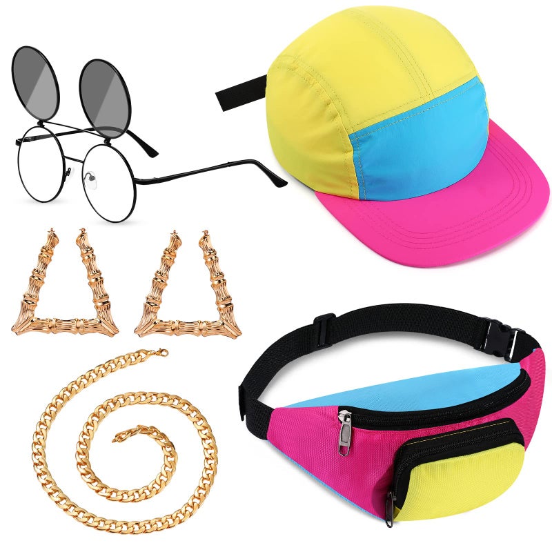 Cindeer 5 Pcs 80s 90s Accessories for Women Men 90s Womens Outfits Hip Hop Neon Fanny Pack Hat Sunglasses Gold Chain Earrings(Bright Color) - Image 1