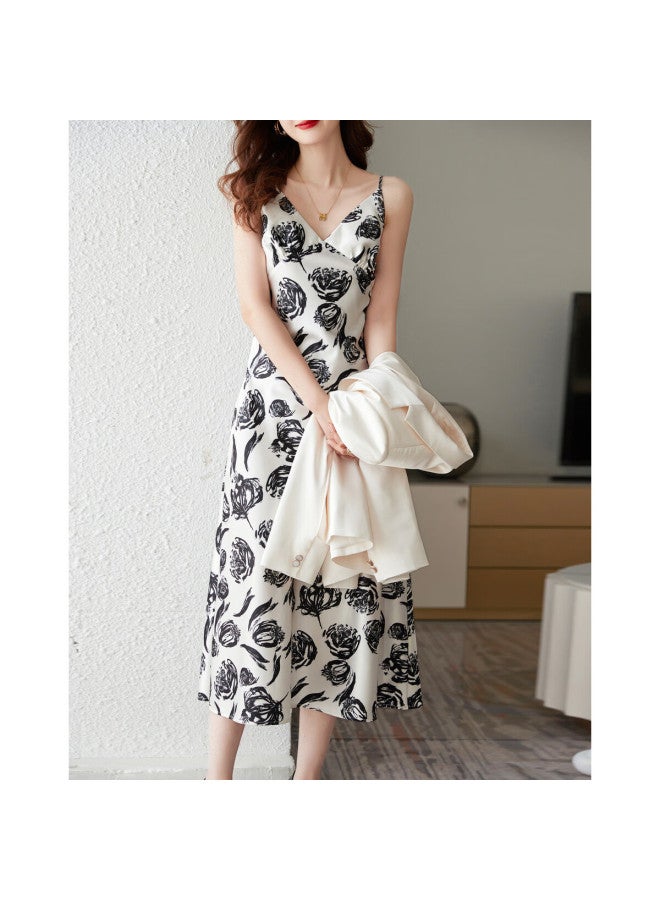 dme Demana Commuter Set, Spring And Autumn Blazer Collar, Long-sleeve Top, Printed Spaghetti Strap Dress Set, Women's Two-piece Set, Off-white, M - Image 5