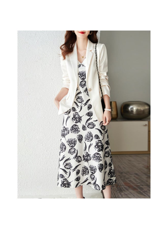dme Demana Commuter Set, Spring And Autumn Blazer Collar, Long-sleeve Top, Printed Spaghetti Strap Dress Set, Women's Two-piece Set, Off-white, M - Image 2