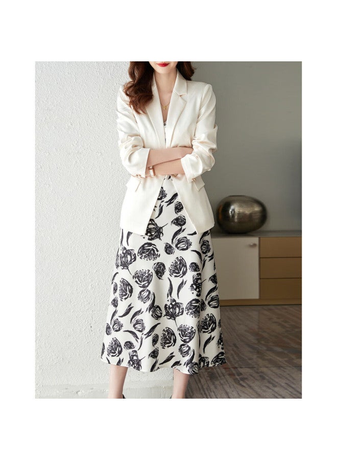 dme Demana Commuter Set, Spring And Autumn Blazer Collar, Long-sleeve Top, Printed Spaghetti Strap Dress Set, Women's Two-piece Set, Off-white, M - Image 3