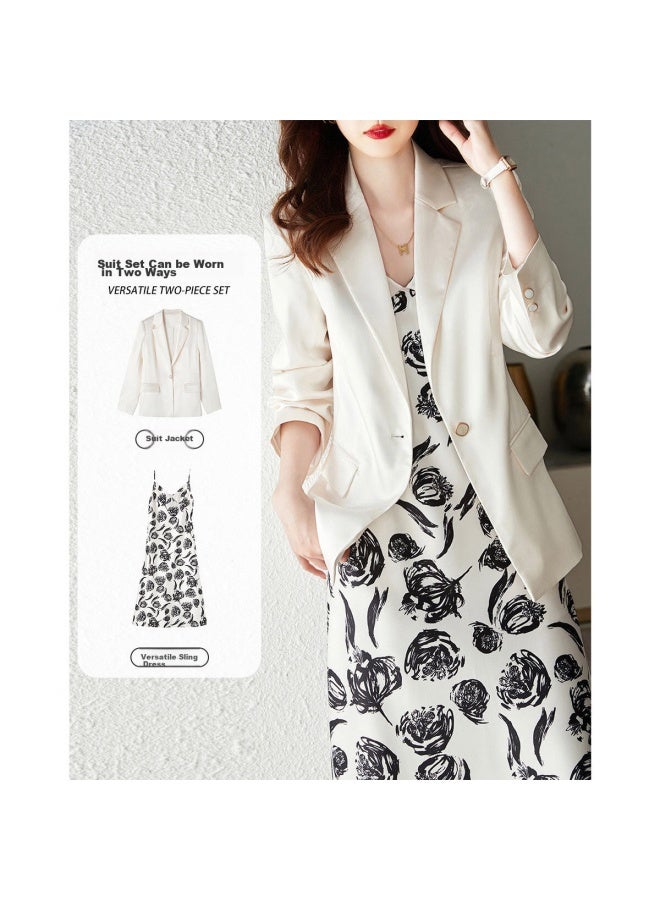 dme Demana Commuter Set, Spring And Autumn Blazer Collar, Long-sleeve Top, Printed Spaghetti Strap Dress Set, Women's Two-piece Set, Off-white, M - Image 1