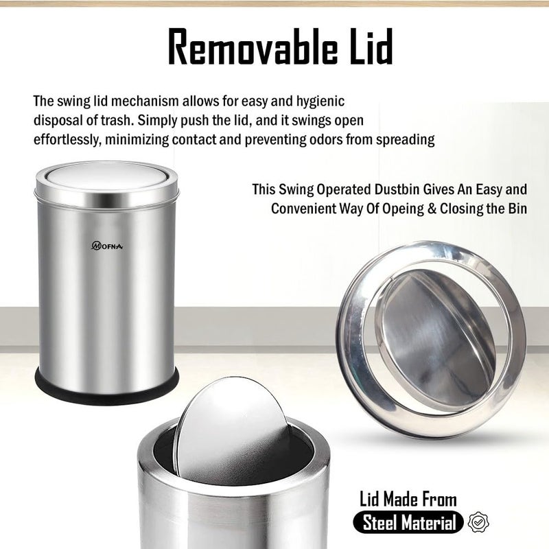 mofna MOFNA Stainless Steel Swing Type Dustbin 10x24 Inch 30 Liter Swing Bin Trashcan Swing Type Garbage Bin for Kitchen Home and Office Durable Stainless Steel Dustbin  - Image 5