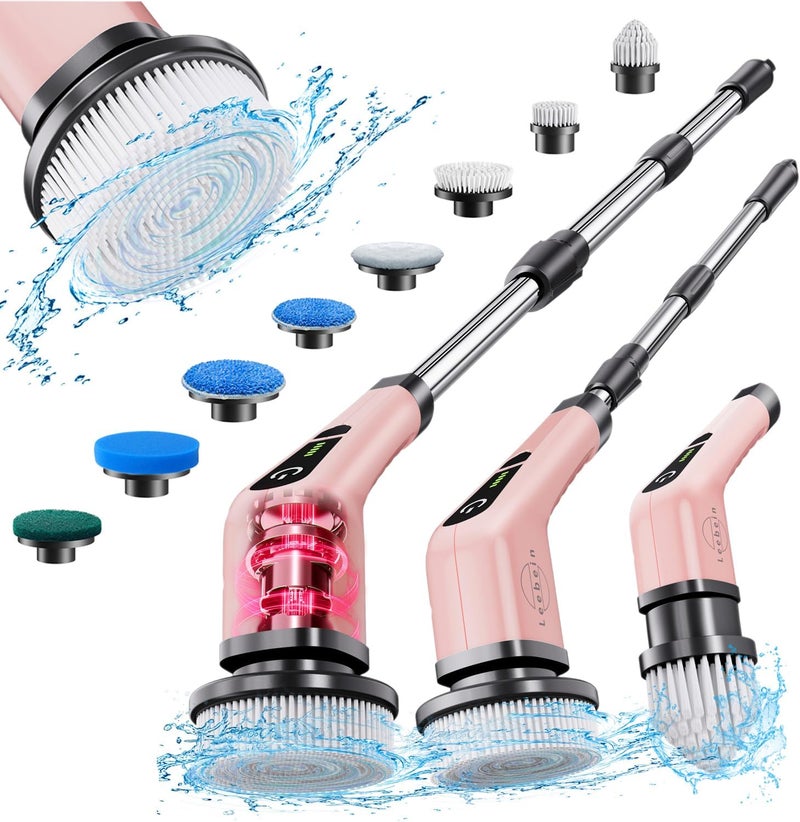 Leebein Electric Rotating Brush, Cordless Cleaning Brush with 8 Replaceable Brush Heads, Bath and Tile Brush with Adjustable Handle 137 cm for Bathroom, Kitchen, Car (Pink) - Image 1