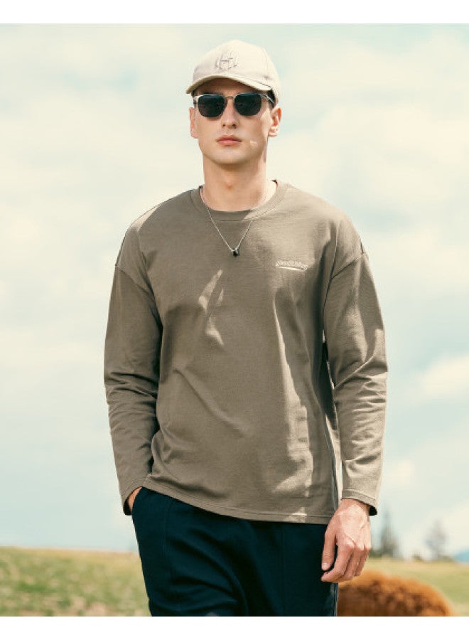Cotton】letter Graphic Print Long Sleeve T-shirt For Men - Thick Heavyweight Pure Cotton Casual Tee For Autumn - Image 1