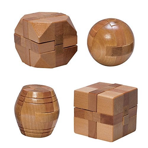 Bits and Pieces Mini Wood Brain Teaser Set of FourClassic Designed Light Wood Stain Wooden Brainteaser Puzzles Fun Gifts - Image 1