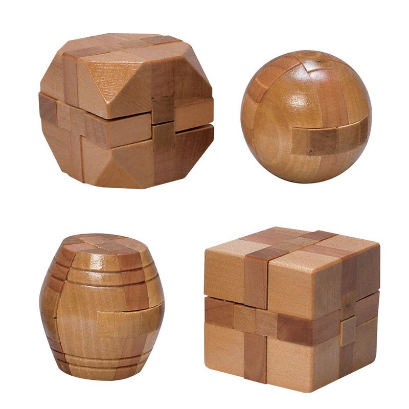 Bits and Pieces Mini Wood Brain Teaser Set of FourClassic Designed Light Wood Stain Wooden Brainteaser Puzzles Fun Gifts - Image 2