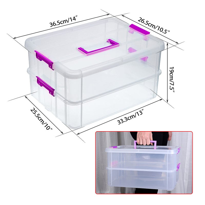 Juxyes 2-Tiers Stack Carry Storage Box With Handle  Transparent Stackable Storage Bin With Handle Lid Latching Storage Container For School & Office Supplies - Image 2